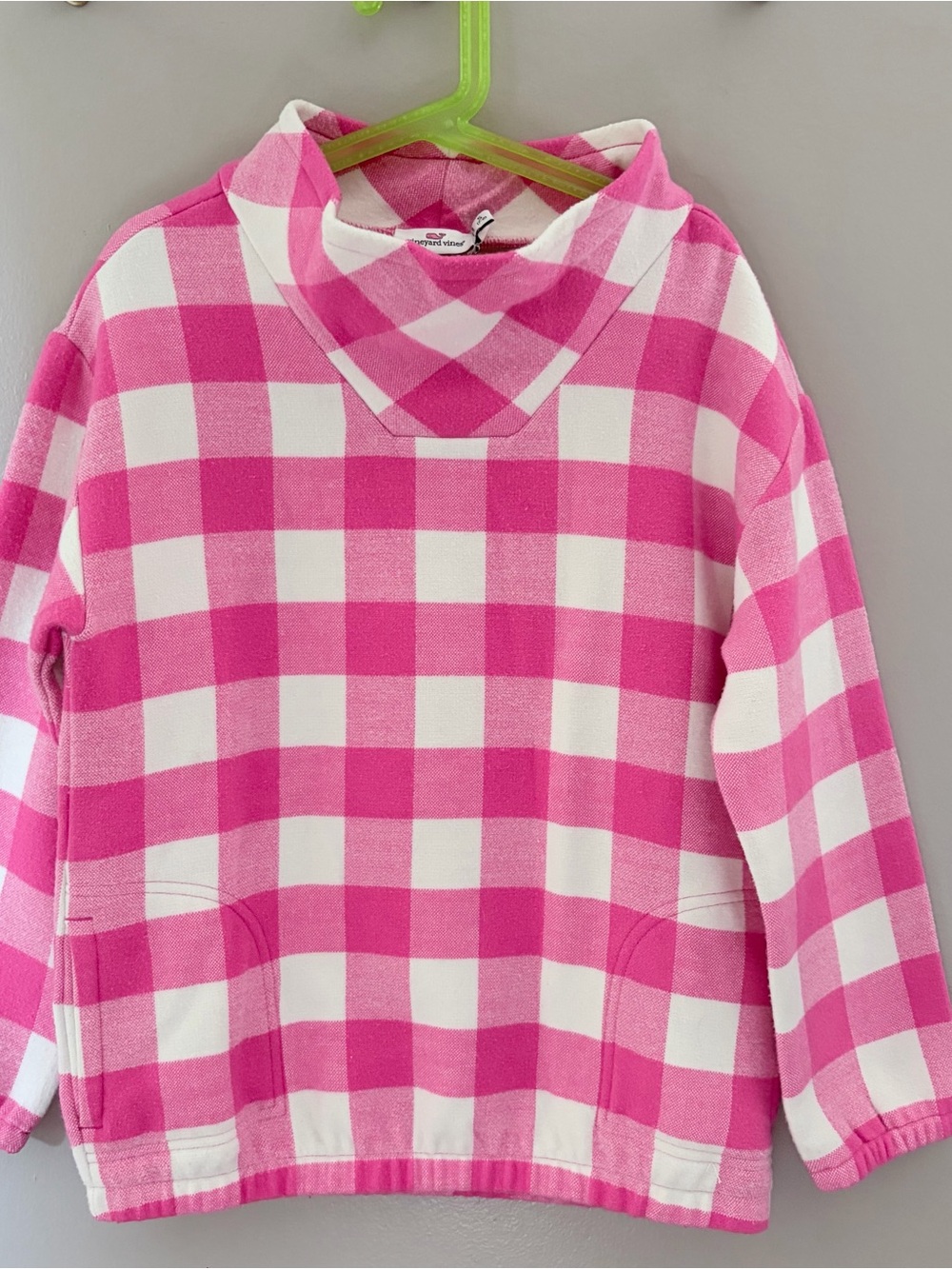 Girls Vineyard Vines Pink White Gingham Fleece Pullover Sweatshirt Small